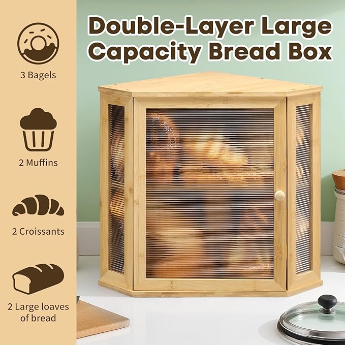 Corner Bread Box for Kitchen Countertop - Bamboo Large Capacity Bread Storage Bin with Acrylic Wavy Door Panel,Bread Box (Natural,Extra Large)