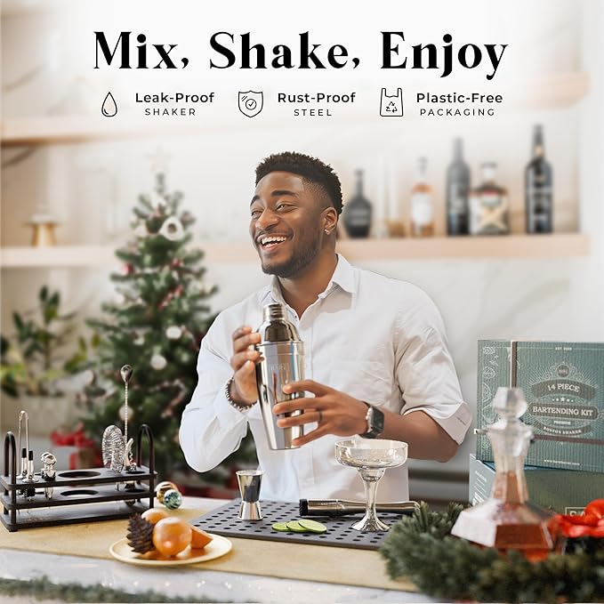 BARE BARREL® Mixology Bartender Kit Bar Set | 14-Piece Cocktail Shaker Set | Martini Barware Mixing Tools for Home Bartending | 35 Recipe Cards | Gift Set (24oz Cobbler Shaker, Silver/Black)