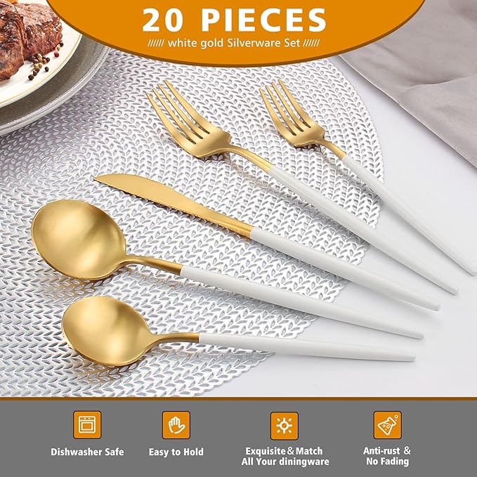 Matte White Gold Silverware Set, Oliviola 20-Piece Stainless Steel Flatware Cutlery Set Service for 4, Satin Finish Kitchen Utensil Set, Dishwasher Safe