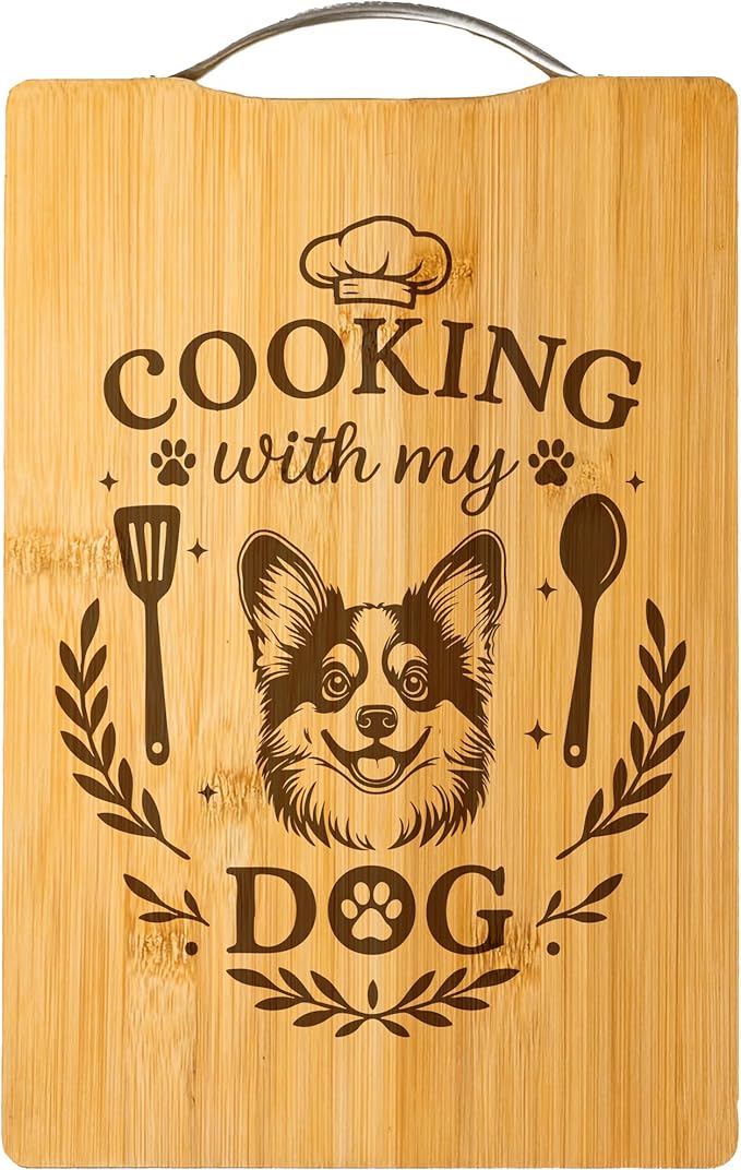 Bamboo Cutting Board, Dog Mom Gift, Personalized Handmade Kitchen Decor – Cooking with My Dog (Corgi)
