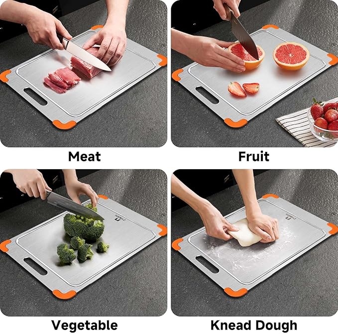 100% Pure Titanium Cutting Board with Grooves, Update Double Side Titanium Chopping Board, Silicone Anti-slip Stainless Cutting Boards for Kitchen 11 * 15 IN, Orange