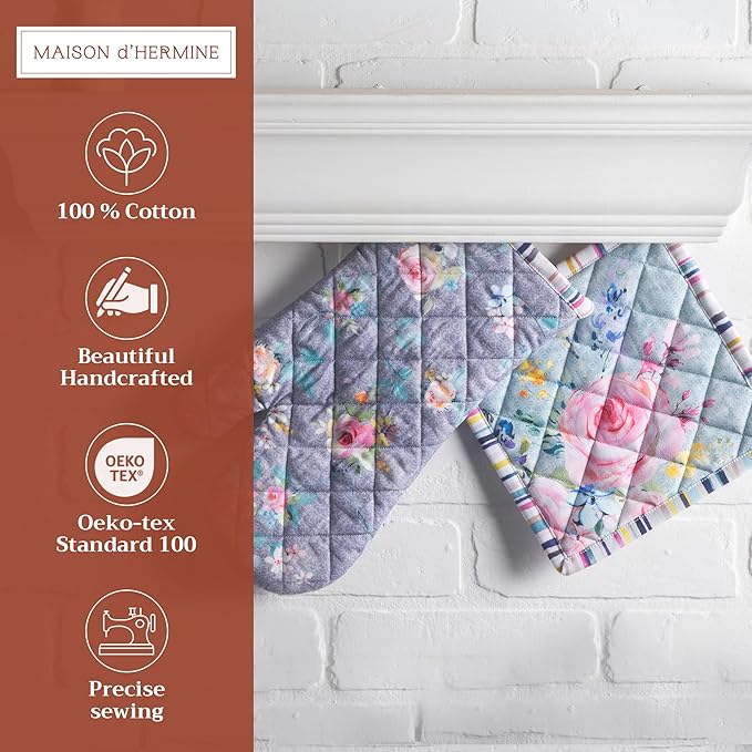 Maison d' Hermine 100% Cotton Oven Mitt & Pot Holder Set (7.5"x13" & 8"x8") Heat Resistant BBQ Cooking Gloves with Loop, Grilling, Kitchen, Handling Hot Pans Spring/Summer (Sweet Rose Lavender - Lush)