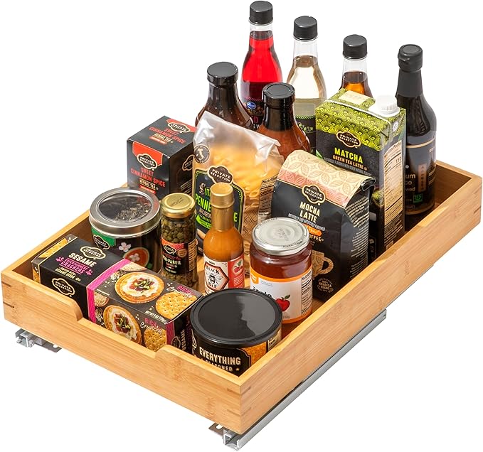 HOLDN’ STORAGE Bamboo Wooden Pull out Cabinet Organizer.14”W x 21”D - Requires At Least a 15.25:W x 21" D. Cabinet Opening. W/Lifetime Limited Warranty. Bamboo Tray and Heavy gauge metal rails.