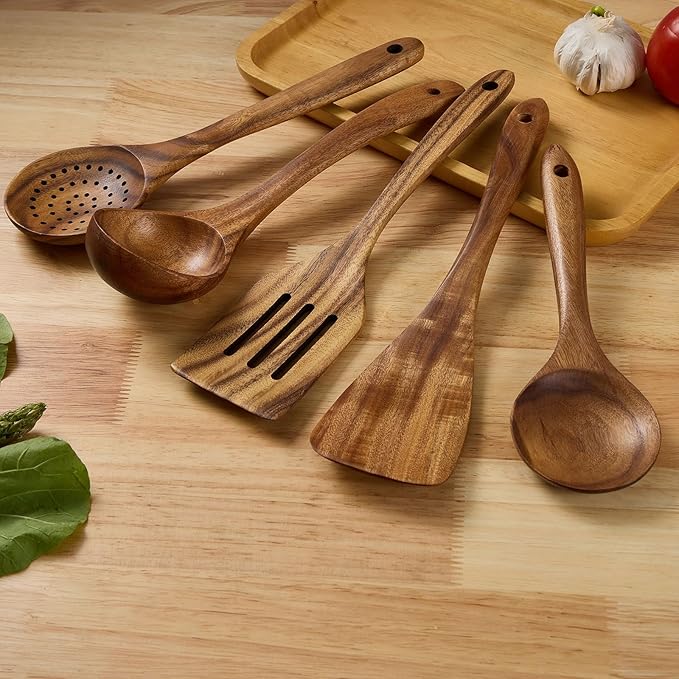 Wooden Kitchen Utensils Set, Teak Wood Cooking Spoons for Non-Stick Pans, 6 Pieces