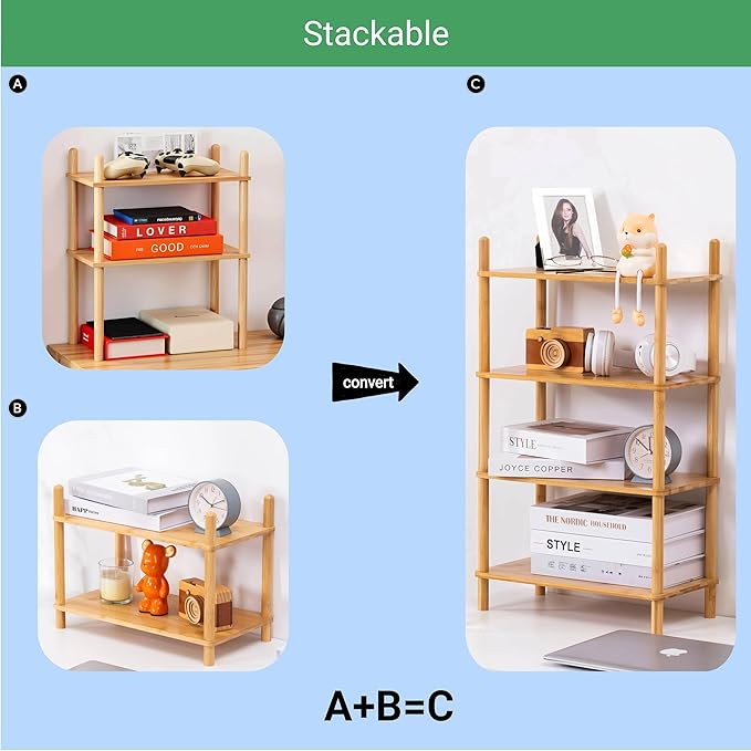 Expandable Bamboo Desktop Organizer Shelf Kitchen Cabinet and Counter Riser Display Shelf for Top of Desk Home Office Bathroom Coffee Table Display Stand- Useful Home & Housewarming Gift