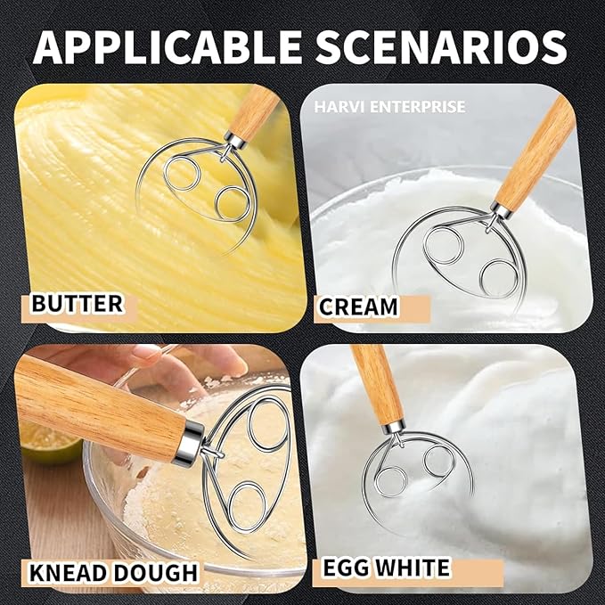 Danish Dough Whisk and Dough Hook - Stainless Steel Dutch Style Wooden Handle for Sourdough, Bread, Pastry Dough Mixing Tools