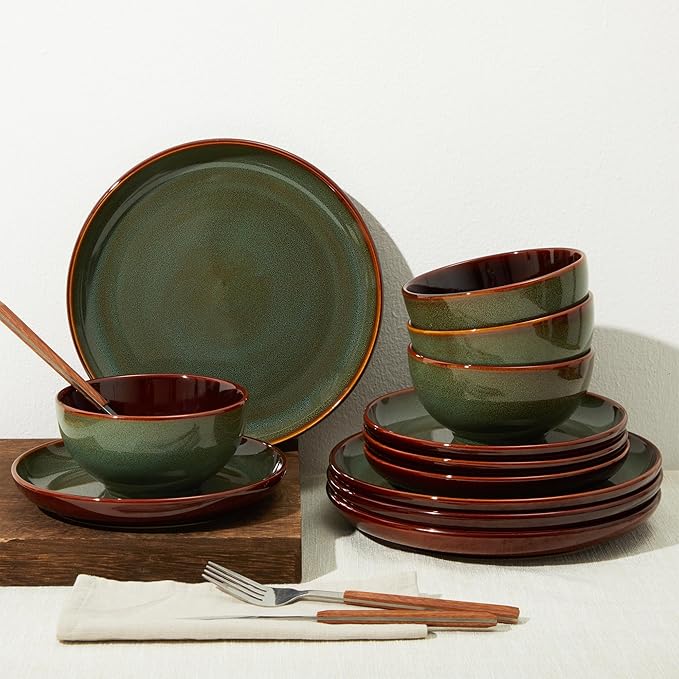 Stoneware Dinnerware Sets, Ceramic Plates and Bowls Set, Microwave & Dishwasher Safe Kitchen Dishes, Modern Dinner Salad Plates | Cereal Bowls, Dishware Sets Service for 4 Sage Green