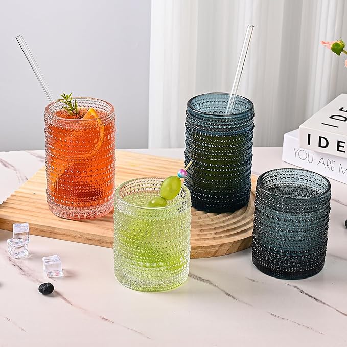 Vintage Glassware Drinking Glasses Set of 12,Blue 12oz & 15oz Hobnail Glass Cups,Embossed Water Tumbler,for Beer,Cocktail,Whiskey,Juice and Various Mixed Drinks- 1 Cleaning Brush