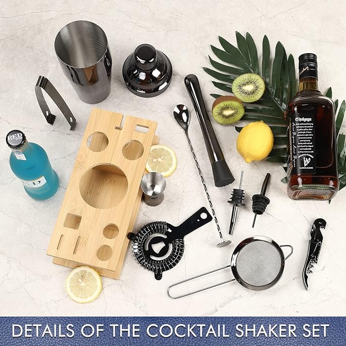 11Pcs-Cocktail Shaker Set Black Bartending Kit 25oz Cocktail Bar Set Cocktail Mix Drink Making Kit Professional Bar and Home Drink Bar Tools for Bartender（Gun-Metal Black）