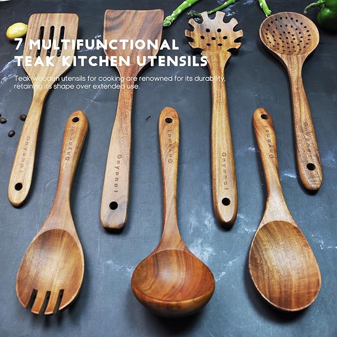 Wooden Spoons for Cooking,Wooden Utensils for Cooking 7 Pcs Wooden Cooking Utensils Wooden Kitchen Utensils Set Wooden Spatulas for Cooking, 14.37*4.13*3.54, Brown