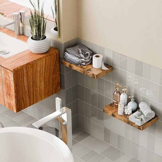 Rustic Brown 16 Inch Floating Shelves for Wall, 8 Inch Deep Floating Shelves Set of 2, Wall Shelves for Bathroom Over Toilet, Live Edge Shelf with Invisible Brackets for Bedroom, Home Decor