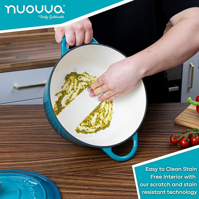 Cast Iron Dutch Oven with Lid – Non-Stick Ovenproof Enamelled Casserole Pot – Sturdy Dutch Oven Cookware – Teal, 7.3-Quart, 30cm – by Nuovva