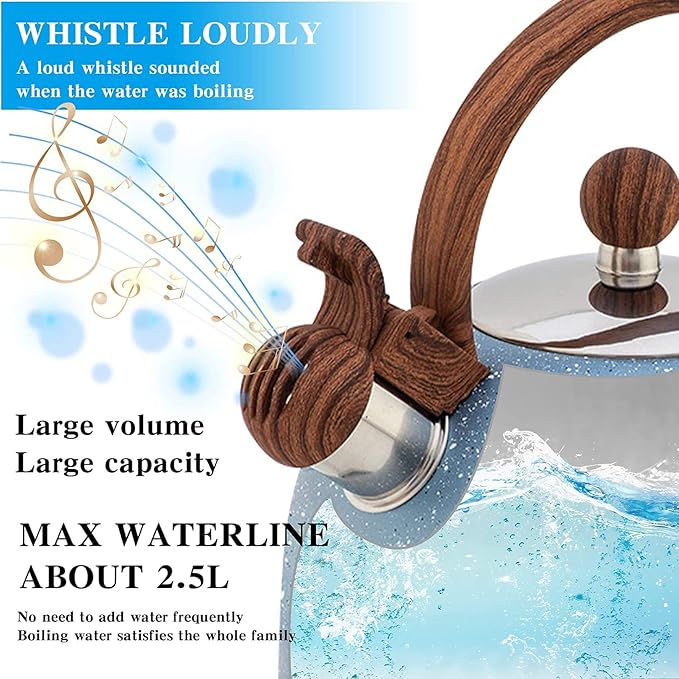 Vilihkc Whistling Stainless Steel Tea Kettle with Wood Grain Anti Heat Handle,2.6 Quart/2.5 Liter Stainless Steel Tea Kettles,Loud Whistling for Tea,Coffee,Gas Electric Applicable