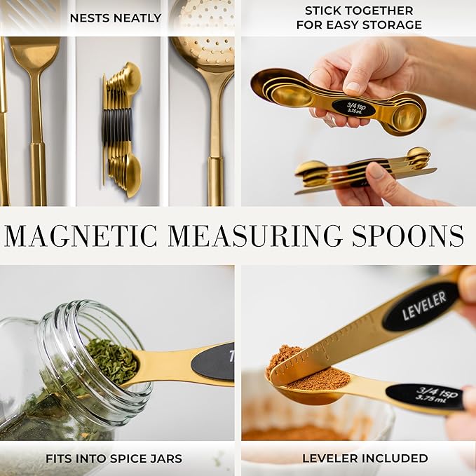 Styled Settings Black and Gold Kitchen Utensils Set – 15-Piece Cooking Set Includes Black Silicone Utensils, Gold Utensil Holder, and Magnetic Measuring Spoons – Stylish Kitchen Accessories