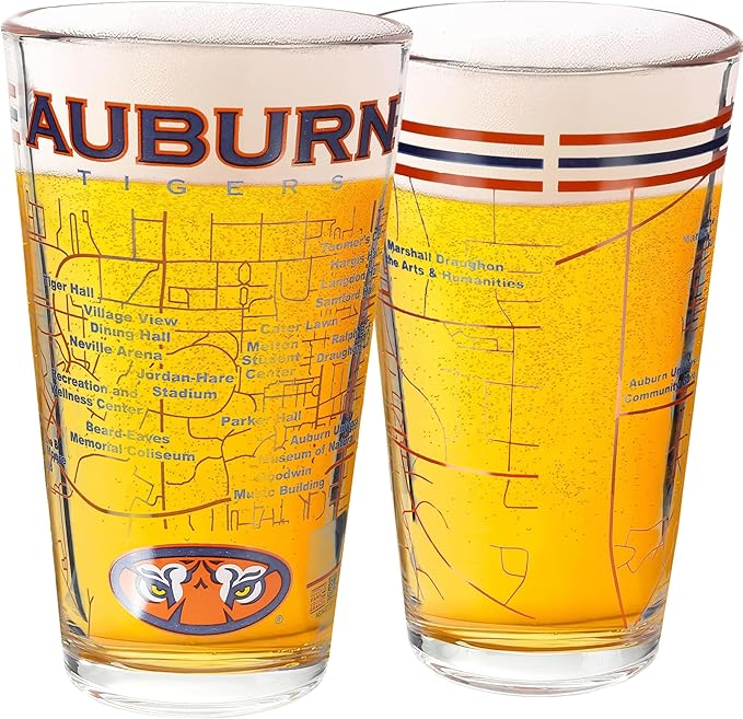 Greenline Goods – University of Auburn Tigers College Pint Beer Glasses (Set of 2), 16 oz – Full-Color Logo + Campus Map