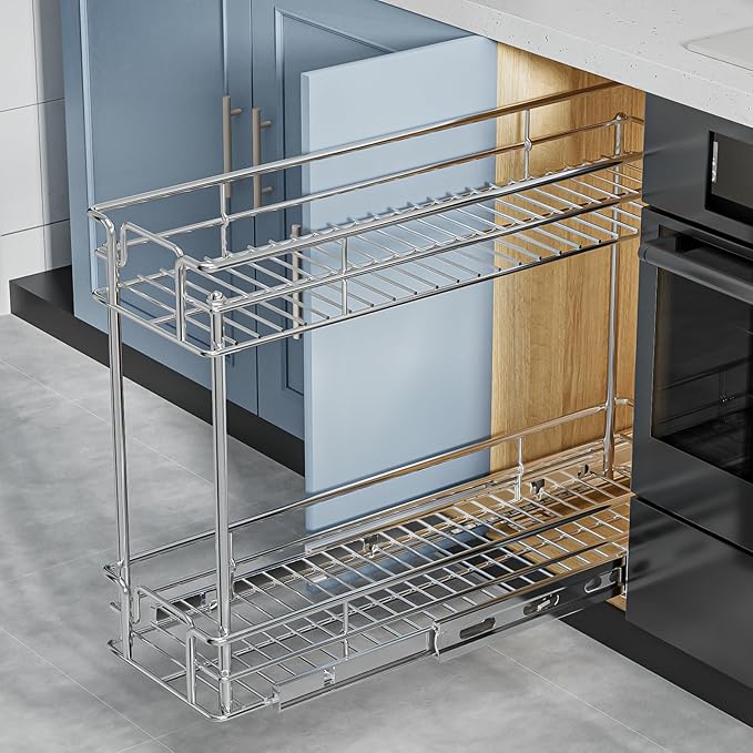 ROOMTEC Pull Out Spice Rack for Narrow Cabinet (5½" W X 21" D),2 Tier Slide Out Cabinet Organizer and Pull Out Shelves Under Cabinet Storage for Kitchen, Chrome