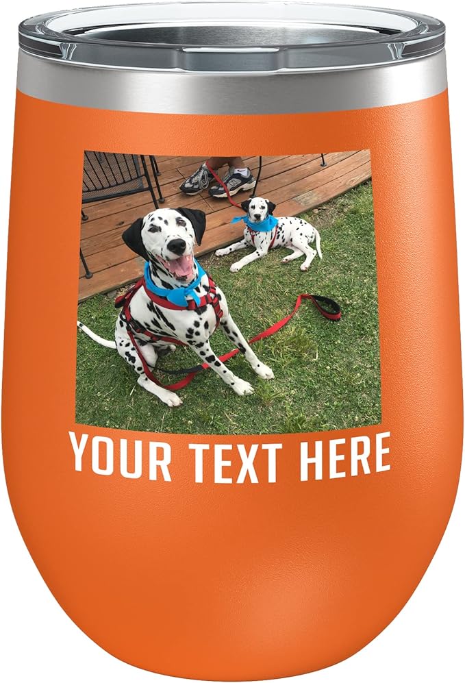 Personalized 12oz (17 Colors) Mother's Day Photo Printed Insulated Stainless Steel Powder Coated Stemless Wine Tumbler with Lid, Customized Gift Idea for Her, Custom Coach Gifts Team Mom Dad (Orange)