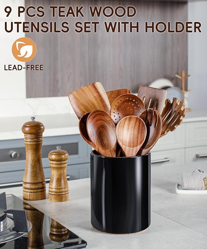 Nucookery Wooden Cooking Utensils Set with Holder, Teak Wood Utensils, Ceramic Holder for Countertop with Protection Cork Bottom, Nonstick Spoons, Cooking Spatula Set, 10 Pcs Kitchen Decor, (Black)