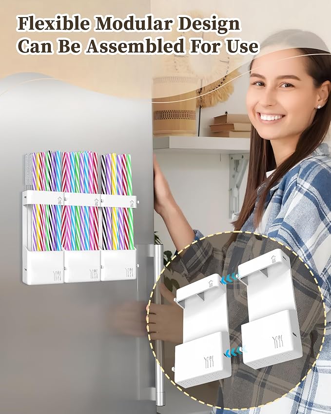 Magnetic Straw Holder for Cabinet Door, Silicone Straw Organizer,Straws Storage Container with Double Sided Adhesive,Reusable Straw Dispenser for Kitchen Fridge Cupboard (White)