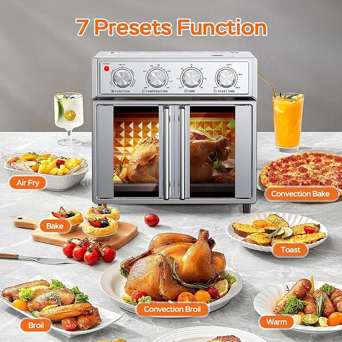 PlumChef 29.5QT Large capacity French Double-Door Air Fryer Convection Toaster Oven,1700W,7 Preset Menus,7-in-1 Multi-Function for Bake, Roast, Grill, Toast,Dehydrate& Defrost, Stainless Steel,silvery