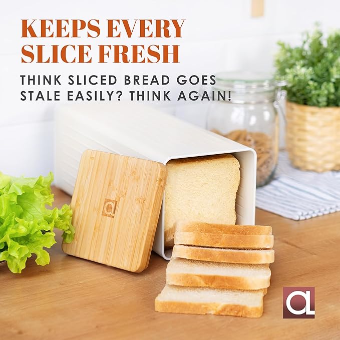 Apace Living FRESHSLICE Bread Container 2.0 | Bread Keeper with Airtight Lid | Metal Bread Box with Bamboo Lid for Homemade Bread, 5 Liter (Creamy White)