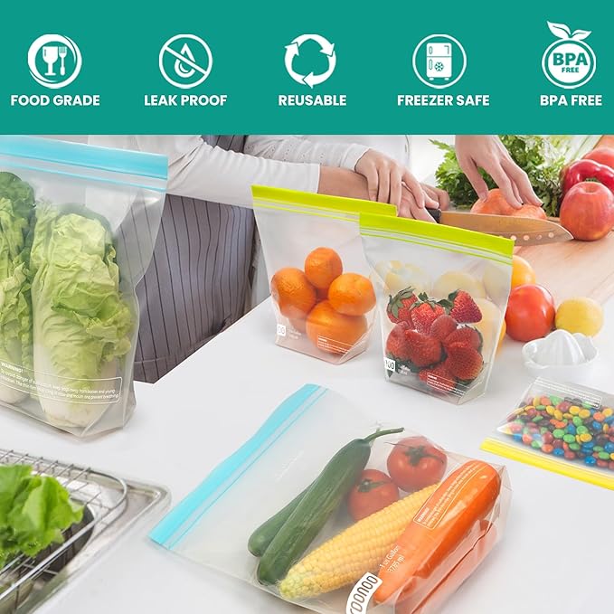 12 Pack Reusable Gallon Bags, BPA Free Food Storage Bags, Extra Thick Leakproof Plastic Free Ziplock Bags for Meal Prep, Fruits, Sandwich, Snack, Travel Items