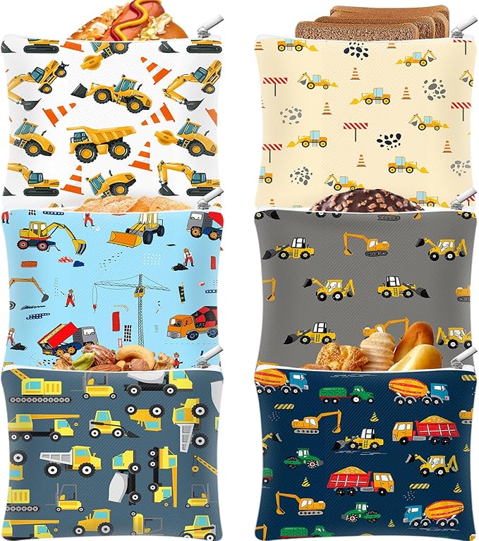 Chumia 6 Pcs Reusable Snack Bags Christmas Gifts Food Safety Washable Snack Bags Lunch with Zipper Portable Sandwich Bag Food Storage Pouch Double Layer(Truck,7 x 7 Inches)