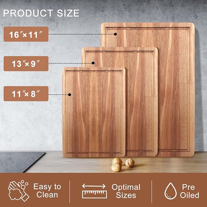 3 Pack Solid Acacia Wood Cutting Boards Set for Kitchen Meat Hardwood Chopping Board Decorative Large Charcuterie Boards Set Best Non Toxic Big Cutting Board Butcher Block Bread Serving Cheese Board