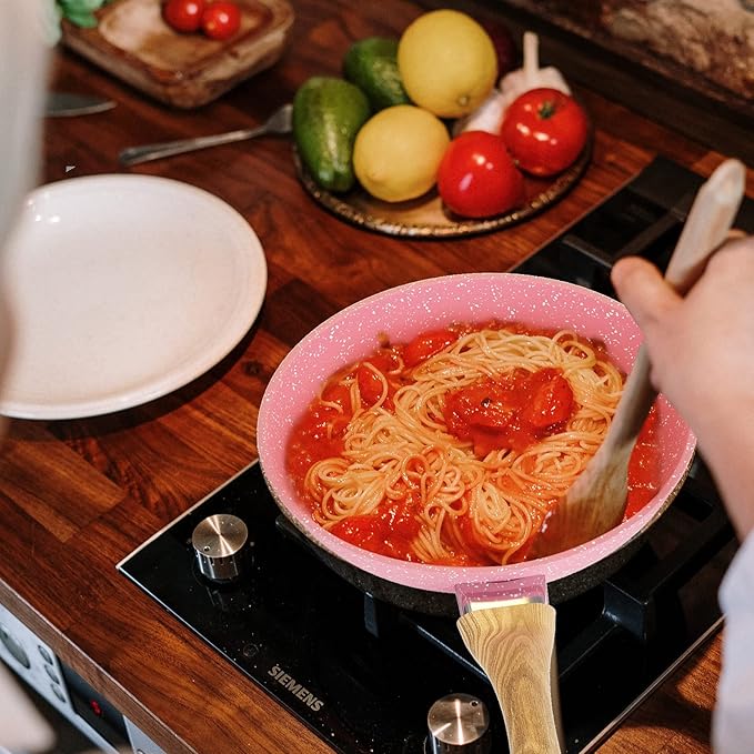 Frying Pan Nonstick, 9.5 Inch Pink Egg Pan, Non Stick Fry Pan 100% PTFE PFOA-Free Omelet Skillet Pan, Toxin-Free Skillets Stone Cookware, Anti-Warp Base with All Stove Tops, Induction Compatible