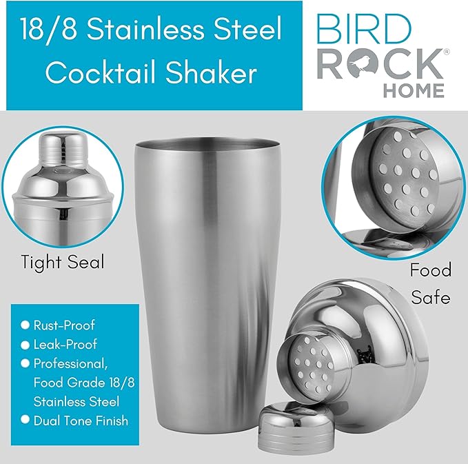BIRDROCK HOME 10 Piece Professional Bartender Cocktail Mixing Set with Acacia Wood Stand | Stainless Steel Bar Tools for Home | Gift for Him | Includes Shaker, Muddler, Strainers, Jigger, and Spoon