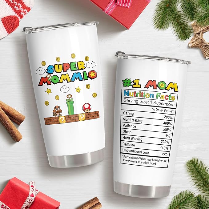34HD Gifts for Mom Wife, Mommio Tumbler with Lid, 20 oz Vacuum Insulated Mommy Nutrition Facts Mug, Retro Game Mama Cup, Cool Gifts for Mom from Daughter Son Husband