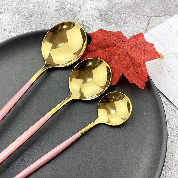 JASHII 18/10 Silver Silverware Set Stainless Steel Flatware Utensils Set Gold Cutlery Set| 36-Piece Modern Cubiertos Dorados| BEST Birthday Wedding Gift (6 Sets, Pink Handle Gold Mirror Polish)