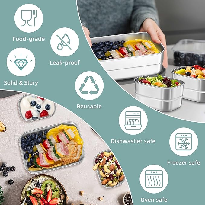 HaWare 8oz*2+25oz Stainless Steel Lunch Box for Kids, Leak Proof Lunch Containers with Silicone Lids, Easy Open Food Storage Container for School and Daycare, Portable Metal Bento Box, Dishwasher Safe