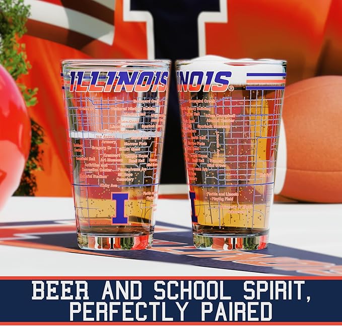 Greenline Goods – Illinois College Pint Beer Glasses (Set of 2), 16 oz – Full‑Color Logo + Campus Map