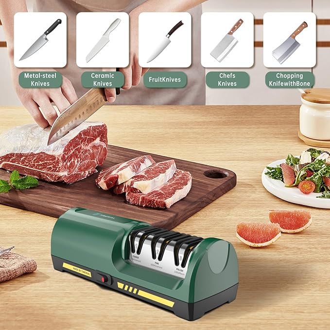 Electric Knife Sharpener 3 Stage Diamond Abrasives Disc 15° Precision Angle Guide, for Sharpening and Polishing Steel Kitchen Knives or Ceramic Knives,120 Grit and 600 Grit and 1000 Grit