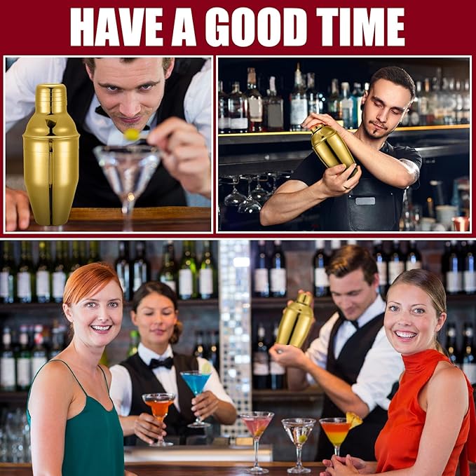 Nitial 6 Pcs Bar Cocktail Shaker Professional Stainless Steel Martini Drink Mixer Built-in Strainer for Bartending No Leaks Shaker for Bar Party Drink Mixer (Gold,8 oz)