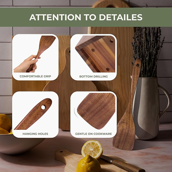 Vasilek Wooden Utensil Set XXL – 13 Piece Acacia Wood Cooking Tools with Square Holder for Nonstick Cookware with Holder & Spoon Rest – Wooden Spoons for Cooking, Spatula, Spurtle