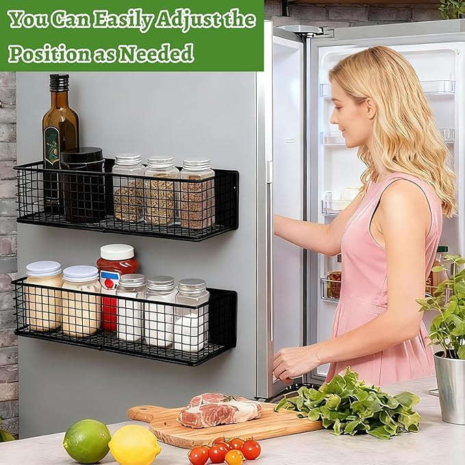 2 Pack Magnetic Basket for Fridge, Magnetic Spice Rack for Side of Refrigerator, Magnet Wire Bin Basket Fridge Shelf Organizer Kitchen Classroom Whiteboard Pantry Office Laundry Storage, Black