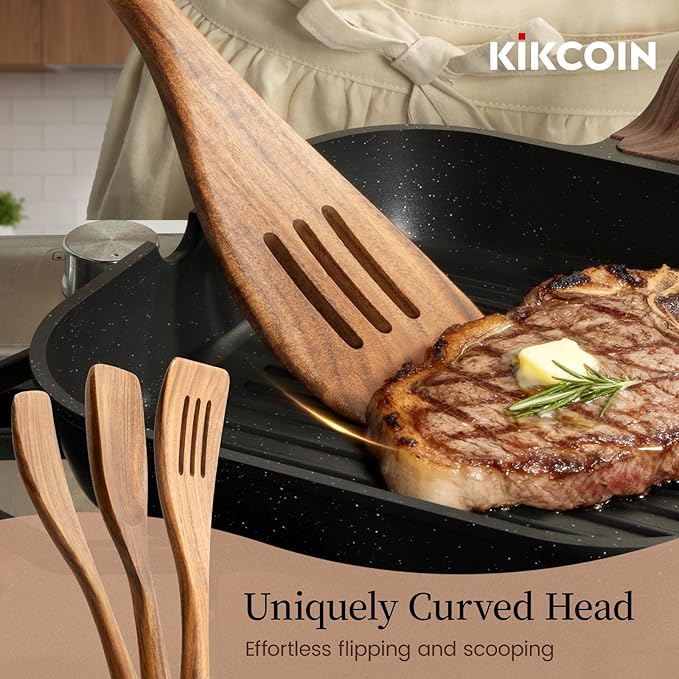 Kikcoin Wood Kitchen Utensils Set, 7 PCS Solid Teak Wooden Spoons for Cooking with Long Handle Heat-Resistant Wooden Cooking Utensils Set for Non-stick Cookware Including Hanging Hole