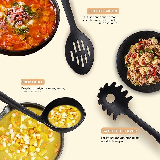 TJ POP Kitchen Utensils Set, 7PCS Cooking Utensils Set 410F° Heat Resistant & Non-stick Food Nylon Kitchen Gadgets Accessories For Cookware, BPA Free Kitchen Tools Gift (Black)