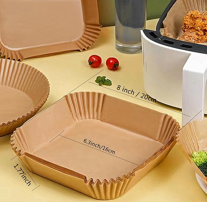 Air Fryer Disposable Paper Liner Square 6.3inch-7.9inch 100PCS Natural Baking Parchment Paper Air fryer liners,Oil-Proof High Temperature,for Air Fryers,Ovens,Pan and Microwaves