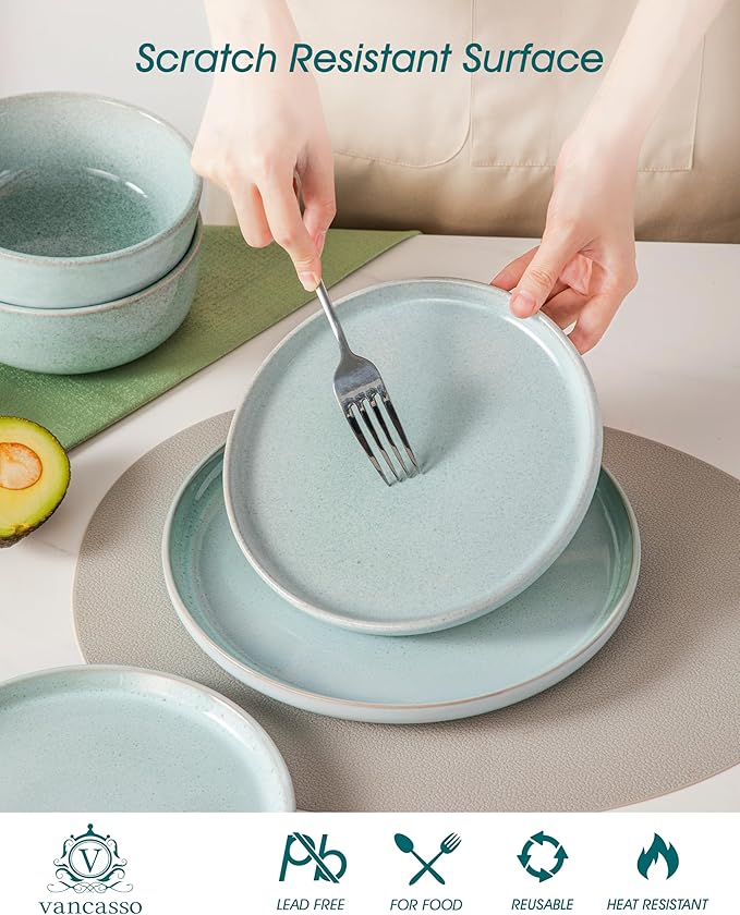 vancasso ANYA 24 Pieces Plates and Bowls Set, Mint Green Dinnerware Sets, Reactive Glaze Dishes Set for 8, Ceramic Dishware Sets Kitchen Dinner Set, Microwave & Dishwasher Safe