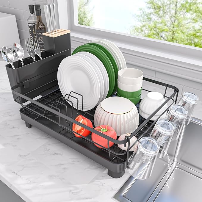Runnatal Dish Drying Rack, Stainless Steel Dish Rack with Drainboard for Kitchen Counter and Sink, Large Capacity Dish Drainer, Detachable 2-in-1 Utensil Holder, Cup Holder, Black