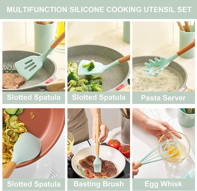 Silicone Cooking Utensils Kitchen Utensil Set - 446°F Heat Resistant Silicone Kitchen Utensils Set, Spatula,Turner Tongs, Spoon, Brush, Whisk,Kitchen Gadgets for Nonstick Cookware, BPA Free (Green)
