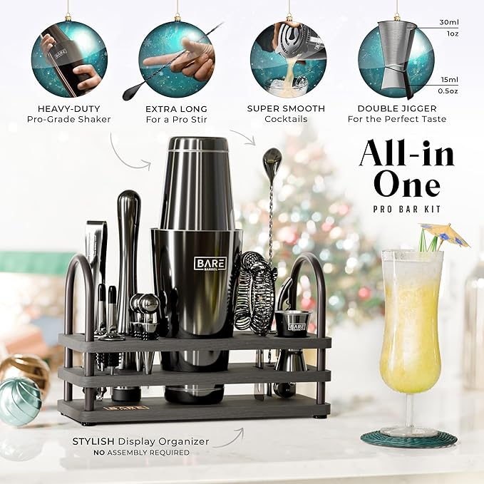 BARE BARREL® Mixology Bartender Kit Bar Set | 14-Piece Cocktail Shaker Set | Martini Barware Mixing Tools for Home Bartending | 35 Recipe Cards | Gift Set (28oz Boston Shaker, Jet Black/Black)