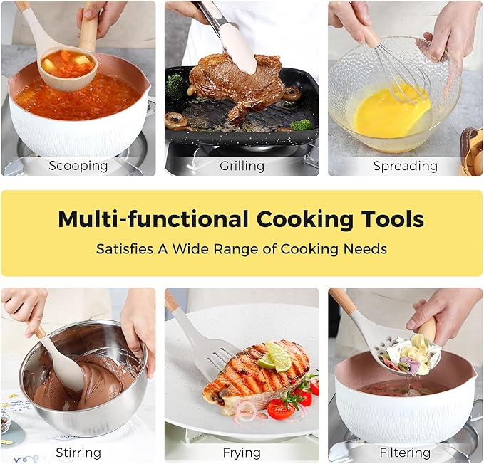 Kitchen Utensils Set with Wooden Handle, 26 Pieces Heat Resistance Silicone Cooking Utensils Set with Holder, Food Grade Non-Stick Silicone Spatula, Kitchen Set for Cooking (Khaki)
