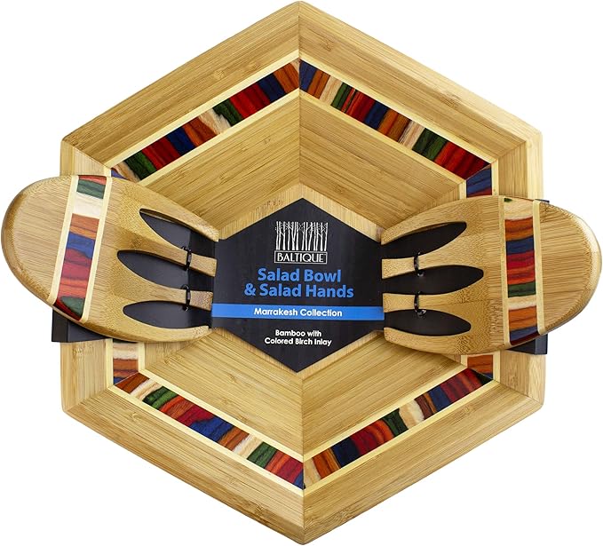 Totally Bamboo Baltique Marrakesh Collection 14" Salad Serving Bowl with Salad Hands, Bamboo and Colored Birch Wood
