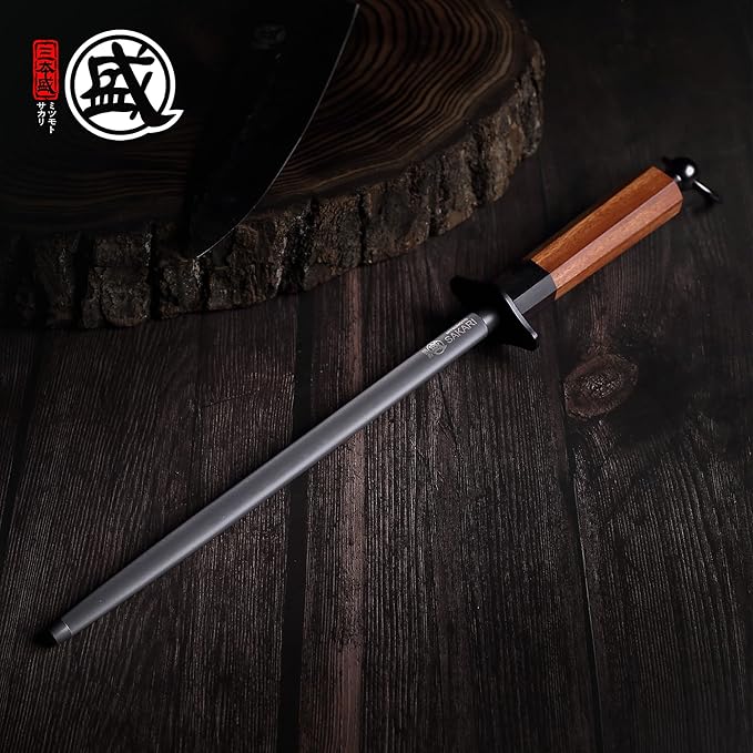 MITSUMOTO SAKARI 10 Inch Knife Sharpener Rod, Round Honing Rod, High Carbon Honing Steel