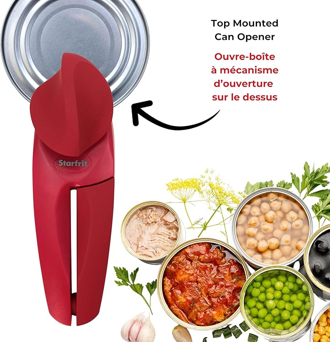 Starfrit MightiCan Can Opener - Safe - Holds Lid and Leaves No Sharp Edges on Lid - 3 Year Warranty - Comfort Grip - Heavy Duty Non-Slip Knob - Red