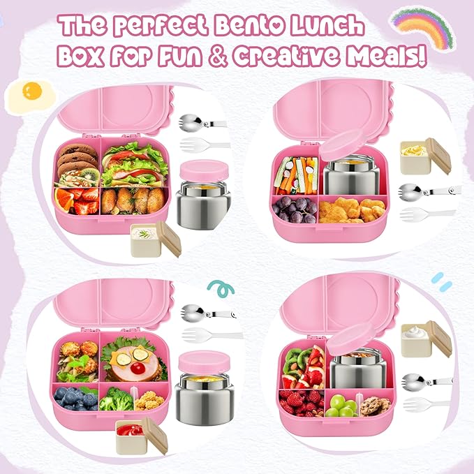 Dinosaur Lunch Box for Kids with Secret Compartment | 4 Compartments Bento Box + 12oz Insulated Food Jar | Leak-Proof Sauce Cup & Collapsible Spoon | BPA-Free, Dishwasher Safe(Grey+Grey Jar)